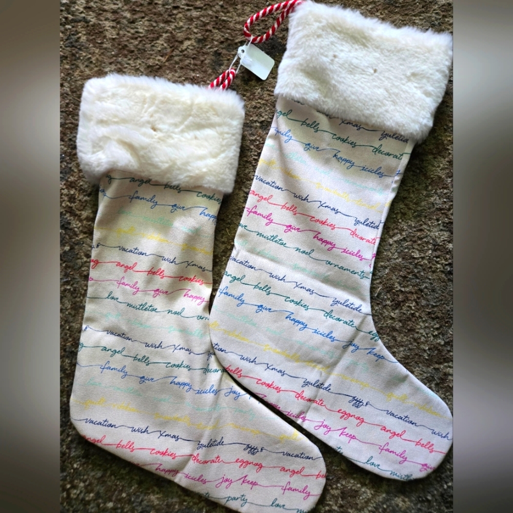 Festive White Holiday Stockings with Faux Fur Trim Rainbow Print Set Of 2